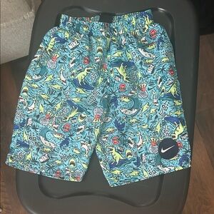 Nike Teal and Lime Shark Print Swim Trunks